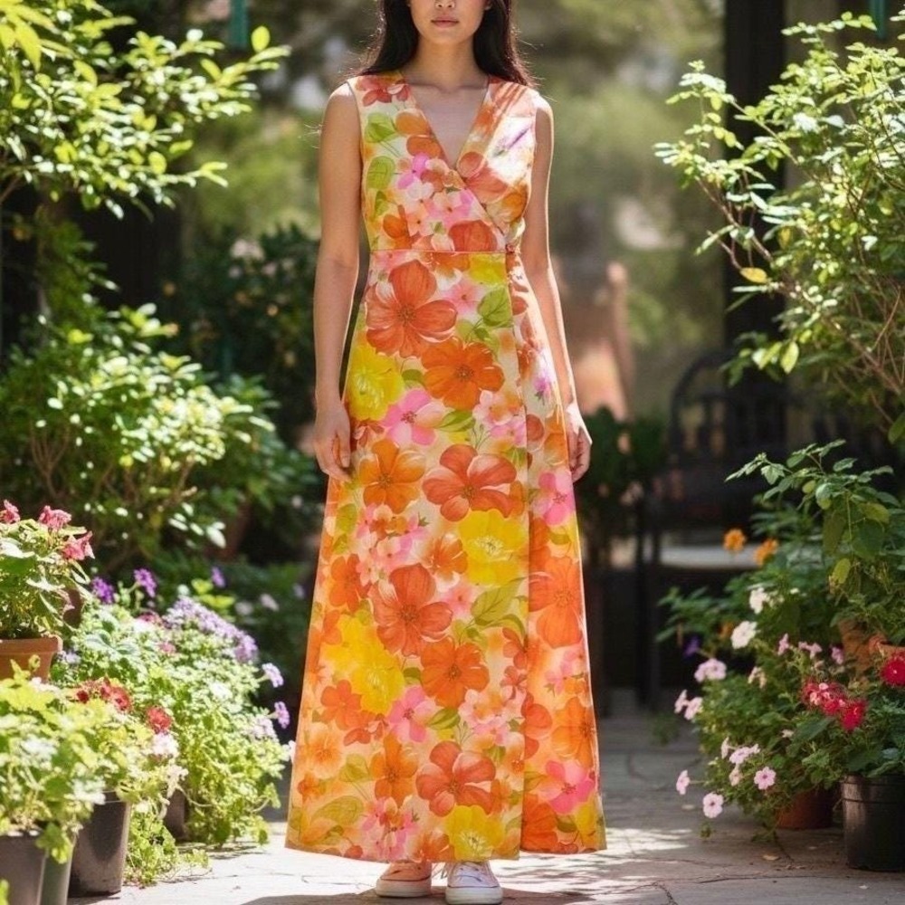 Andrade Honolulu Maxi Dress Womens 6 Orange Floral 1960s Vtg Hawaiian Lounger